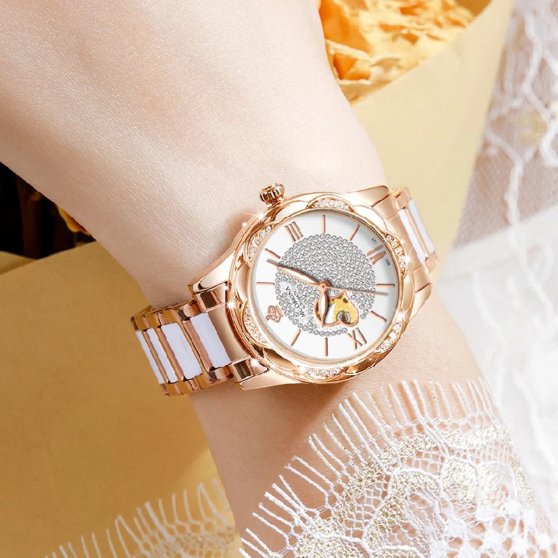 ORKINA Women Automatic Watch Elegant Design Open Heart Diamond Dial & Bezel Premium Ceramic Strap Ladies Mechanical Wristwatch