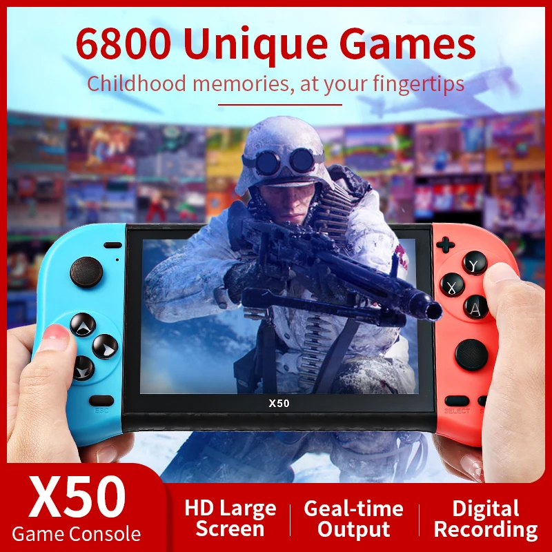 

64-битные игры X50 с HD-экраном 5,1 дюйма, поддержка нескольких эмульаторов, портативная Ретро игровая консоль, видеоплеер для игр GBA/NES 6800