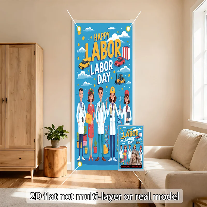 1 banner plano 2D com um cartão de Feliz Dia do Trabalho com padrão de trabalhador, perfeito para casamentos, aniversários.