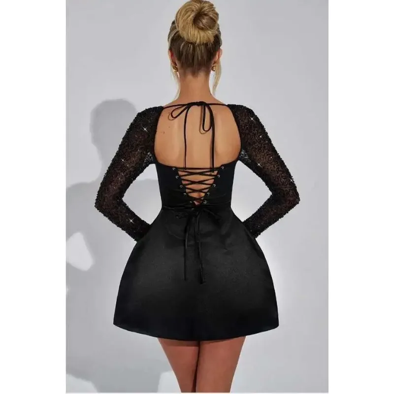 

New Arrival Women Lace Splicing Bodycon Mini Spring Dress Vestidos 2026 Elegant Party Dress Bandage Backless Sexy A-line Dress