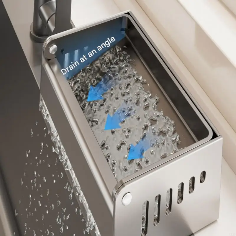 Suction-Mounted Metal Kitchen Sink Rack with Drainage Panels, Main Storage and Fold-Down Cleaning Cloth Holder 55KF