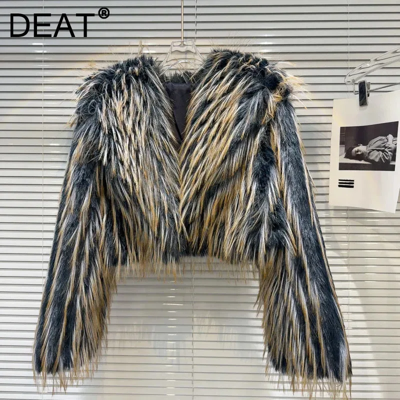 DEAT Fashion Women's Gradient Faux Fox Fur Thick Coat Turn-down Collar Short Jackets Female 2024 New Fashion Winter 29L8917