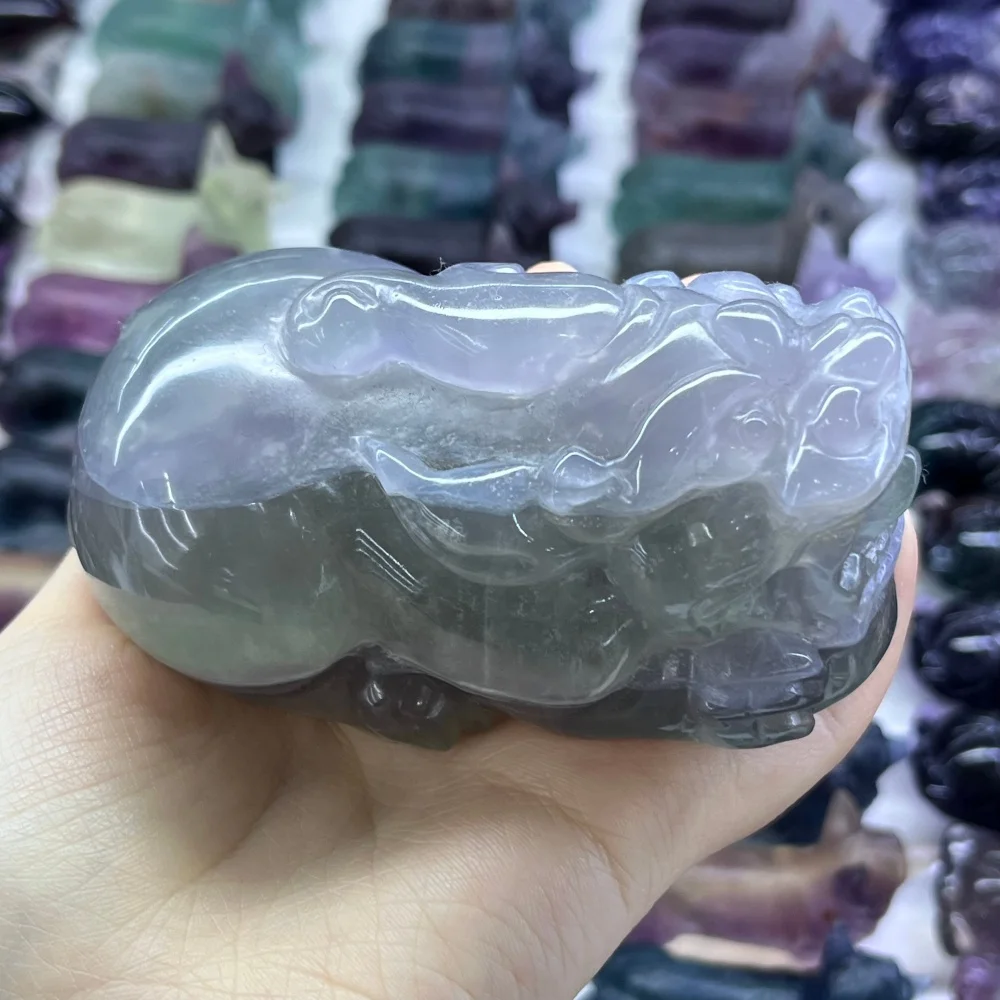1PCS 10cm Natural Macaron Fluorite Pixiu Dragon Turtle Carving Polished Reiki Healing Feng Shui Energy Room Decor Gift