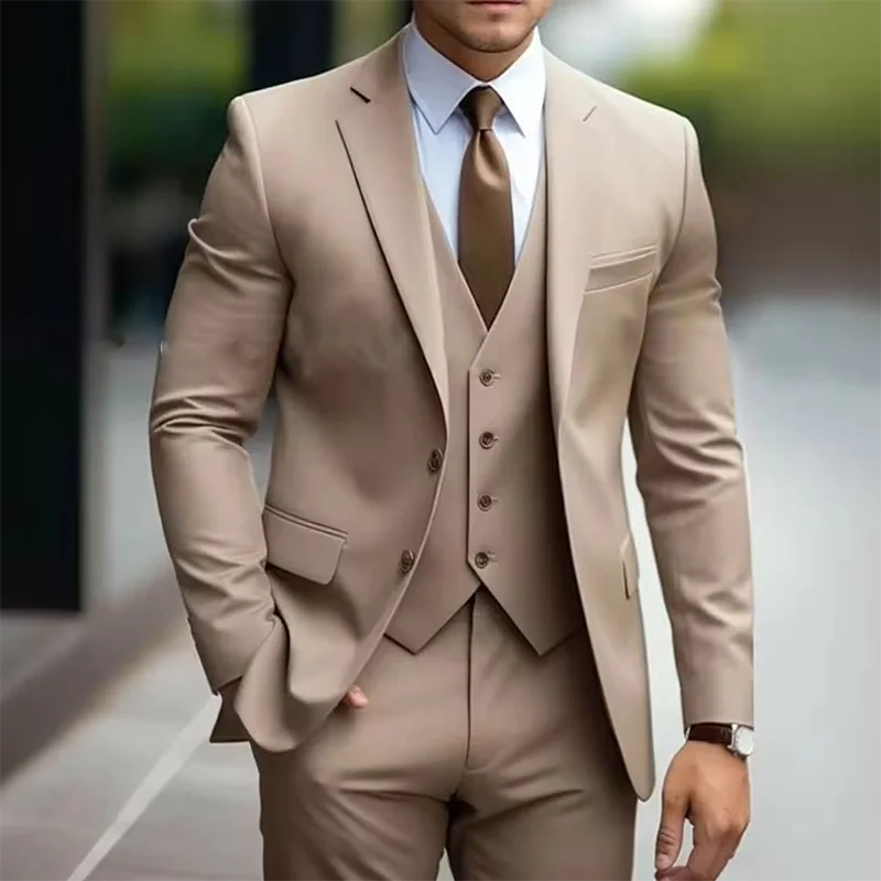 

New Men's Suits Formal Outfits 3 Pcs Elegant Double Breasted Notch Lapel Formal Blazer Slim Fit Costume (Jacket + Vest + Pants)