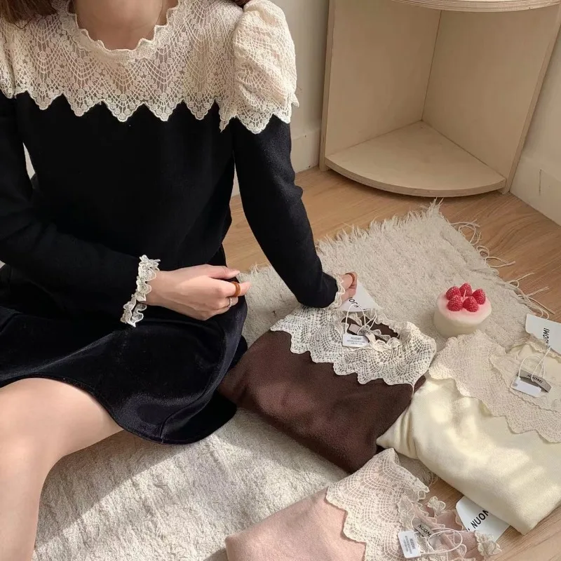 

MiiiiX Retro Crochet Lace Splicing Knitted Sweater Women's Pullover Loose Long-sleeved Knitwear 2024 New Autumn Female Clothes