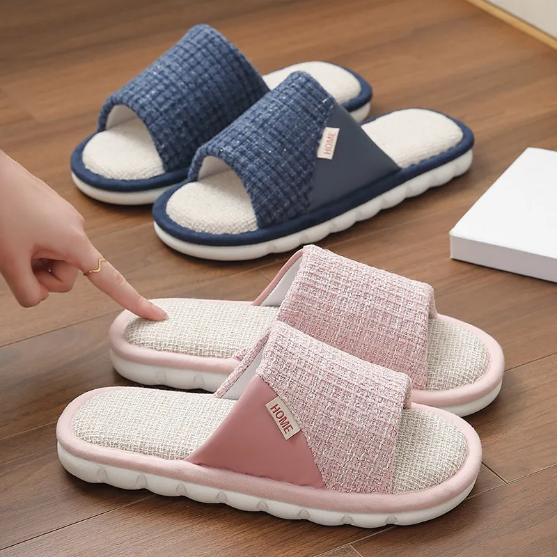 New Home Linen Slippers Women Men Summer Indoor Open Toe Slippers Men Couples Flip Flops Bedroom Breathable Non Slip Slides