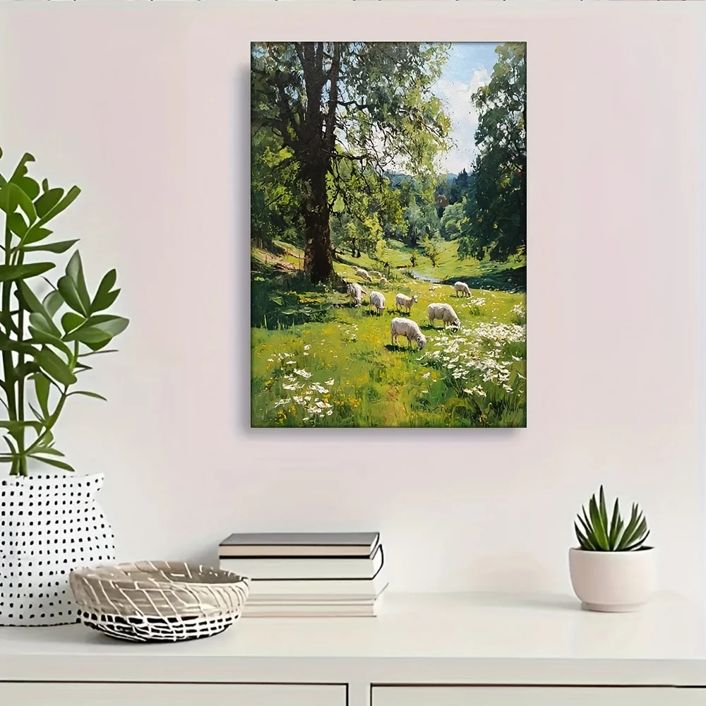 1pc,Measuring 30.48X40.64 cm, Featuring a 2D Flat  Canvas Painting of a Spring Meadow with Lambs Grazing