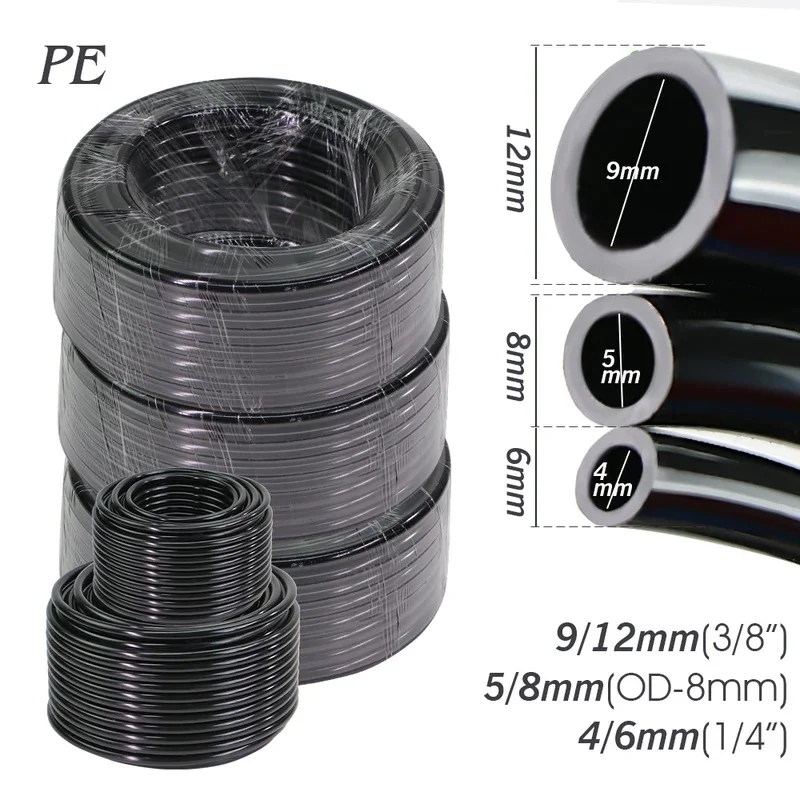 10/20/30/50M OD-6mm 8mm 12mm Black PE Garden Hose Pressure-Proof 4/6mm 5/8mm 9/12mm Drip Irrigation Pipe 3/8