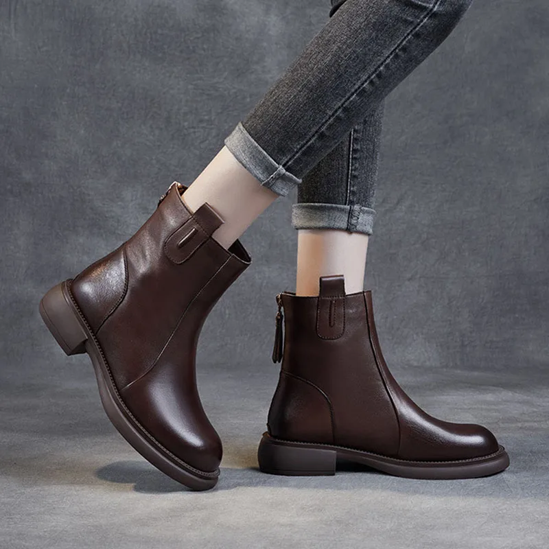DRKANOL Autumn Winter Warm Mid Calf Boots Women Genuine Cow Leather Thick Heel Casual Chelsea Boots Back Zipper Chimney Boots