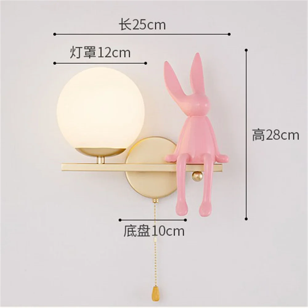 Creative Pink Rabbit Kids Led Wall Lamp With Pull Switch E27 Game Room Bedside Sofa Sconces Study Reading Night Light Fixtures