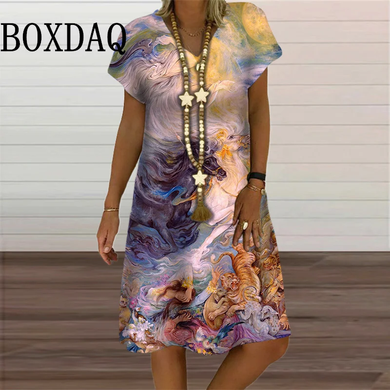 Women Short Sleeve 3D Oil Painting Pattern Dress Casual Fashion A-Line Dress Summer Lady Oversized Vintage Dresses 2024 Clothing