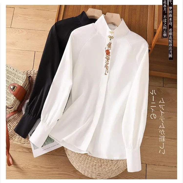 New Chinese Style Embroidered Shirt with Horse Face Skirt for Autumn High-end Stand Up Collar Shirt White Hanfu Chiffon Top