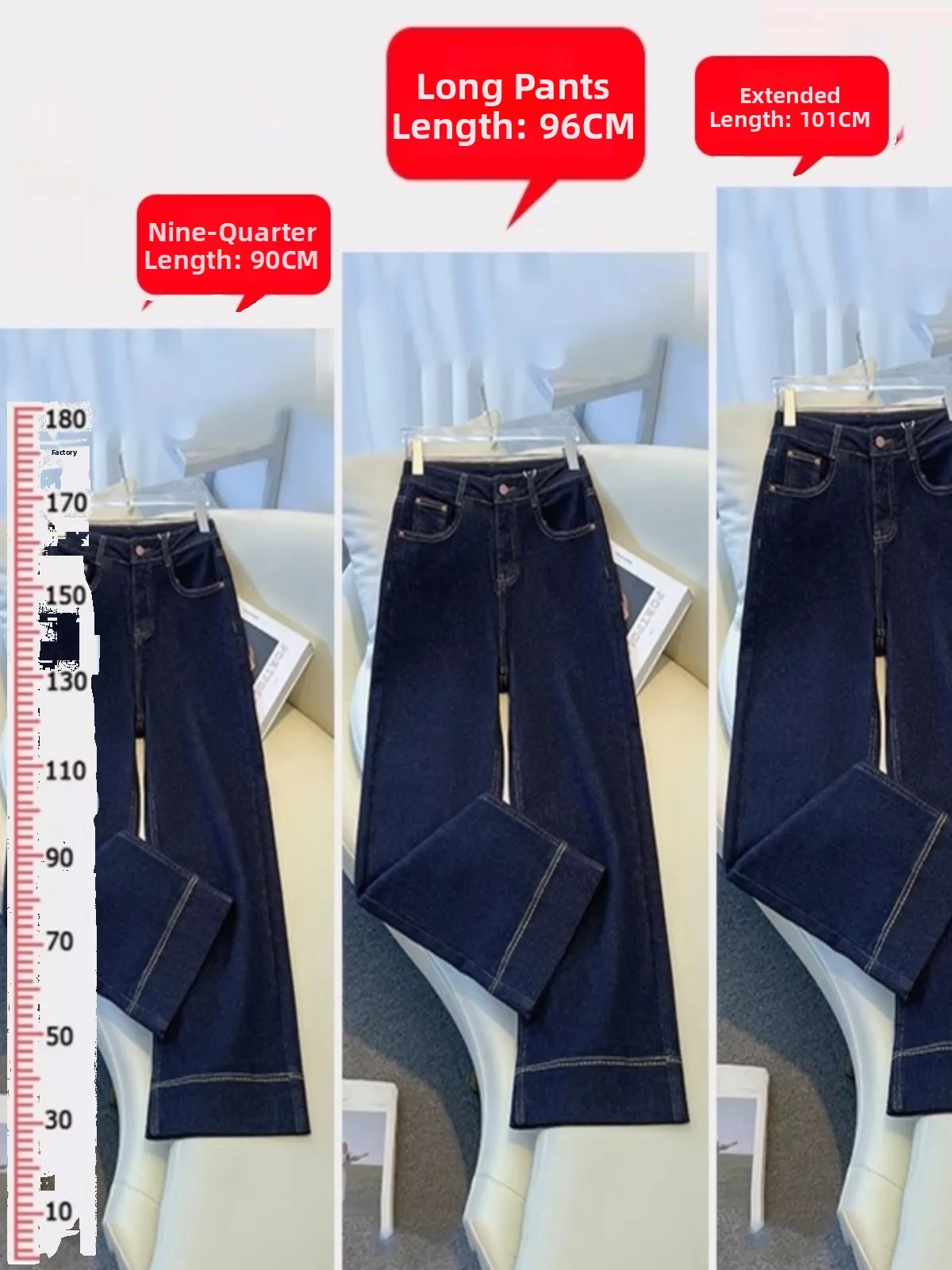 Deep Blue Fleece Lined Wide Leg Denim Jeans Women's Spring Autumn High Waist Straight Cut Nine Point Trousers