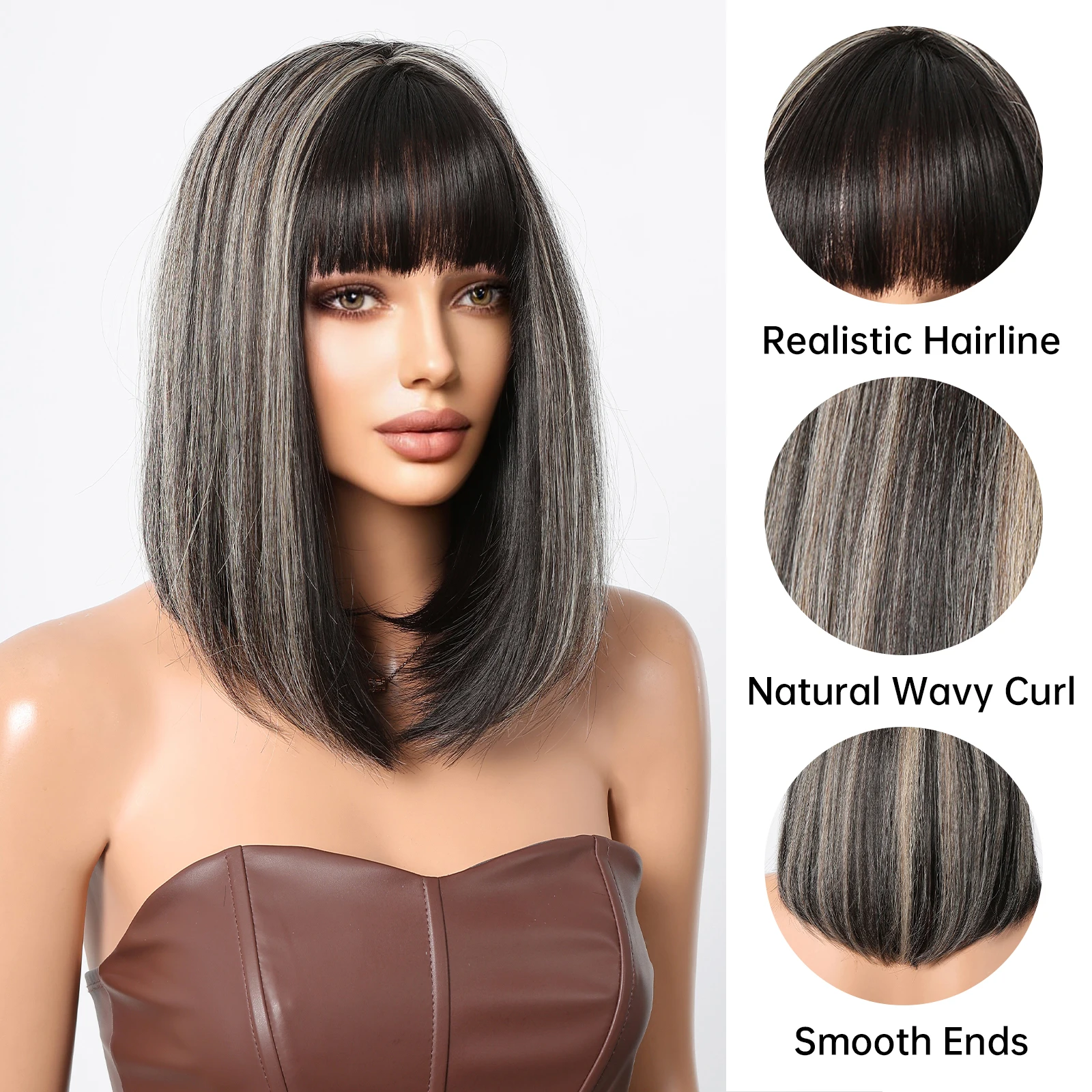 Short Straight Bob Synthetic Wigs With Bangs Black with Brown Highlight Natural Hair Wig Daily Cosplay Wigs Heat Resistant Fiber