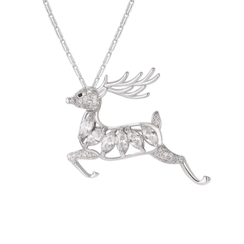 Christmas Deer Necklace Gold/Silver Color Charm Pendant Brooch Multi-function Jewlry for Women QC24