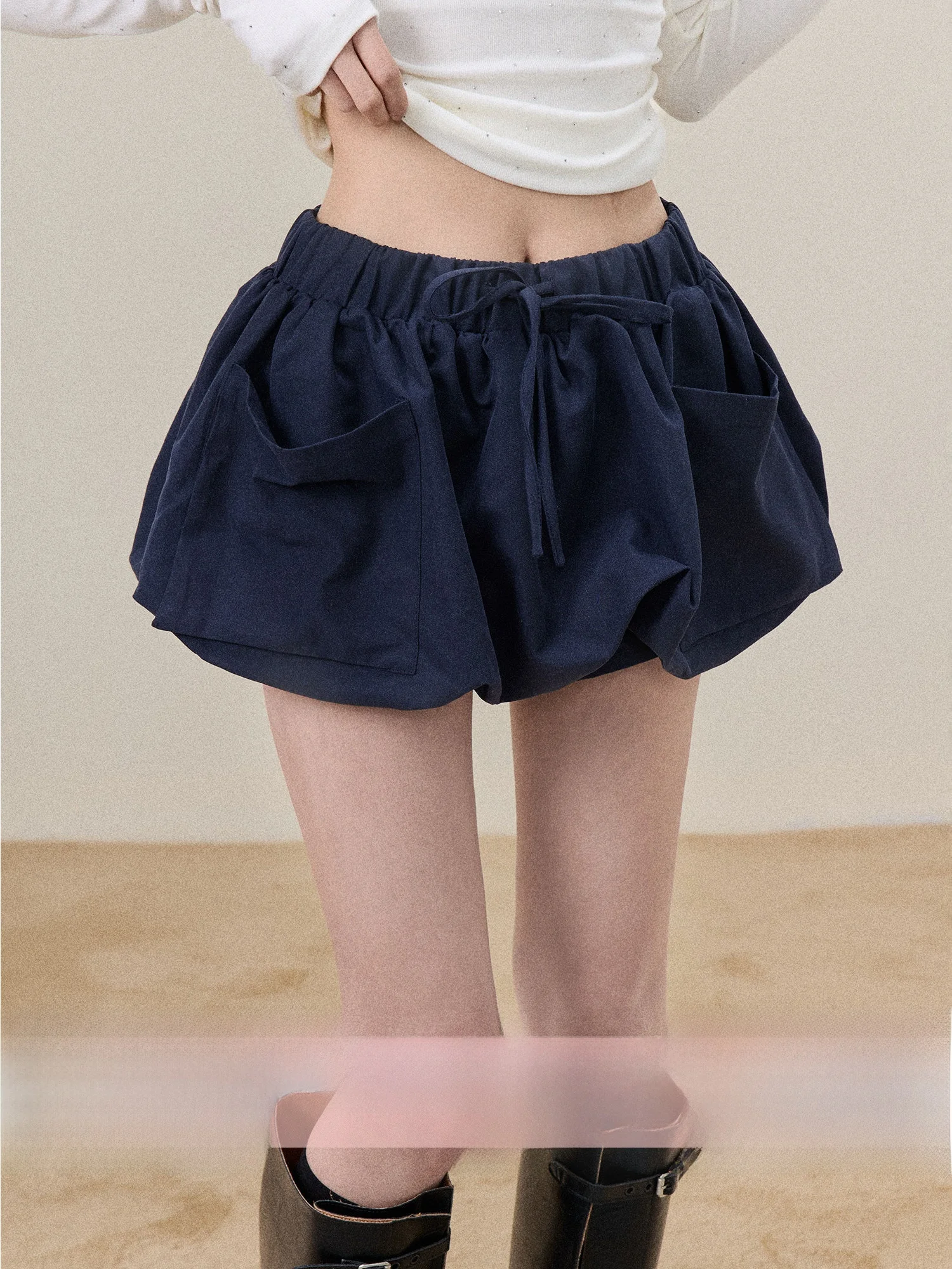 

BBT Sweety Dark Blue A-Line Half Skirt Women's Spring Cake Skirt Elastic Waist Pocket Design Warm Fitted Skirts Ladies' Fashion