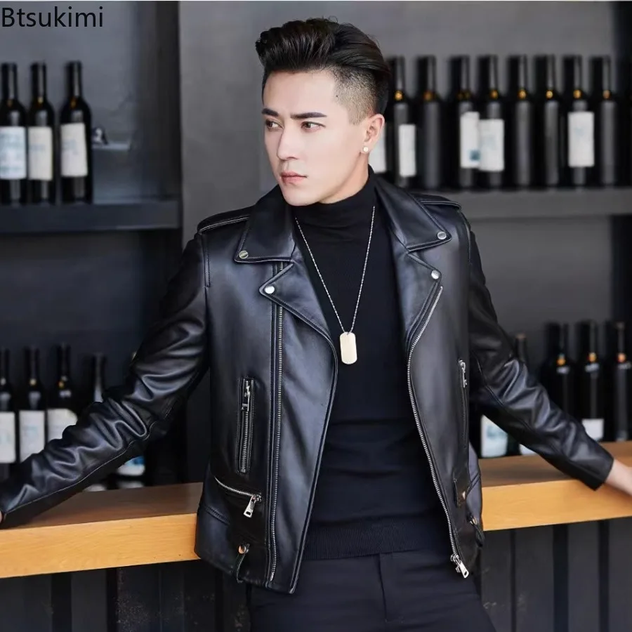 

Мужская новая кожаная куртка из искусственной кожи, овечий костюм, мотоциклетное кожаное пальто, мужская уличная одежда, обычная тонкая красивая куртка большого размера