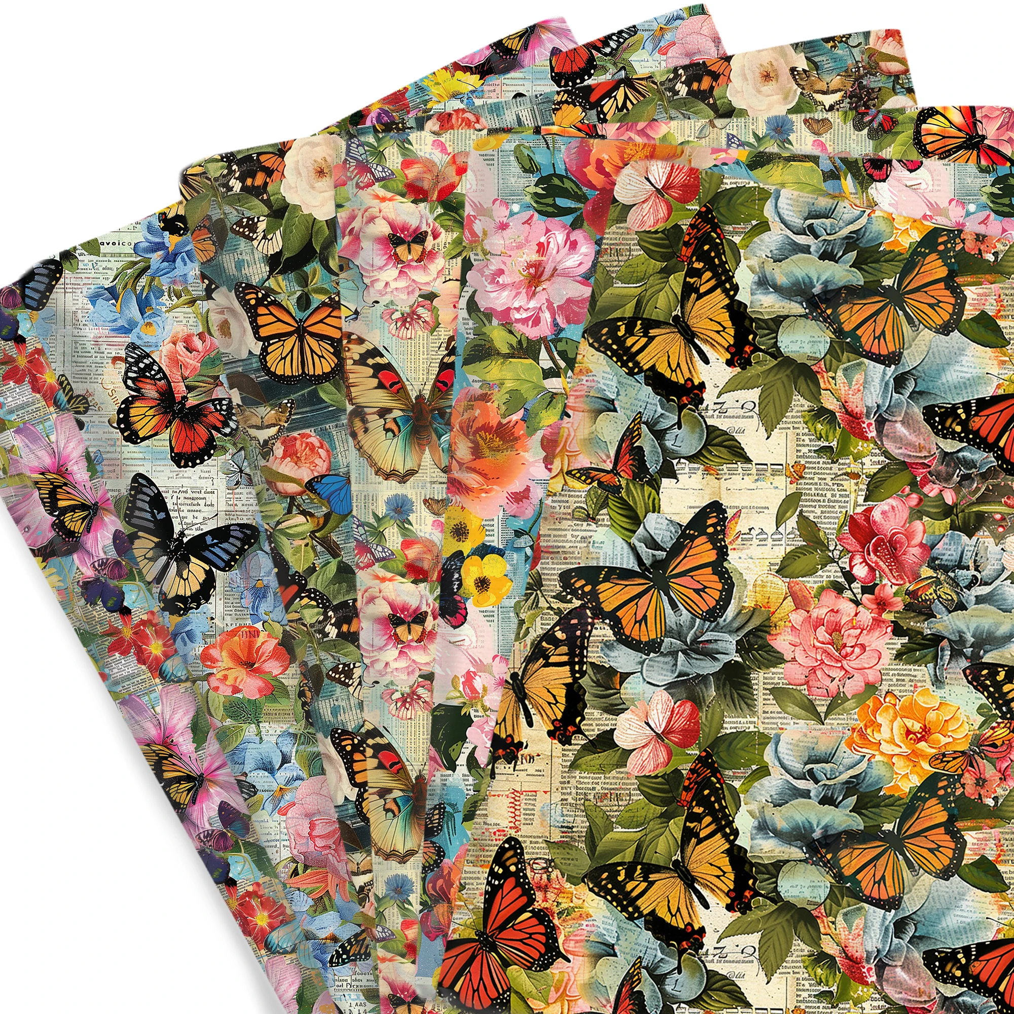 Tela de algodón y poliéster para costura, tejido acolchado con estampado de flores, mariposas, rosas y periódicos, Material de costura hecho a mano, 50x45cm