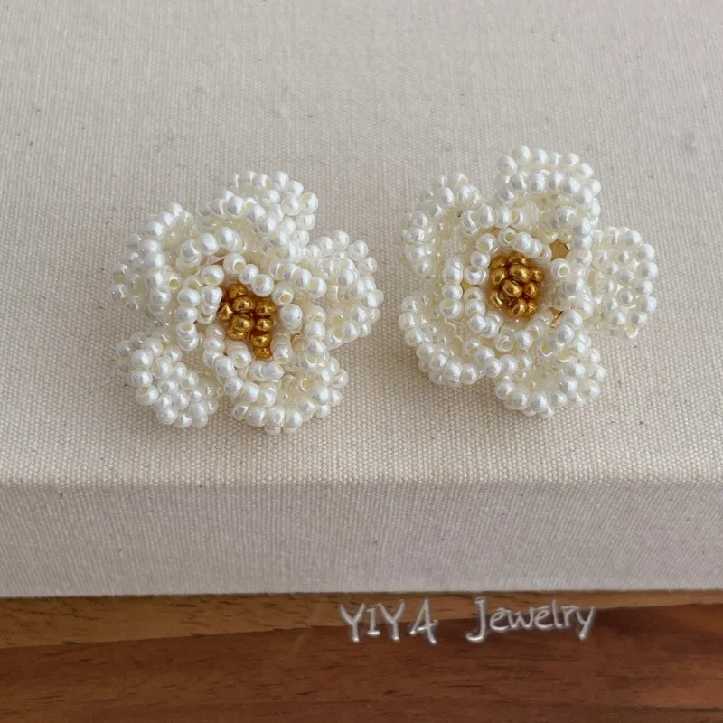 Minar Elegant Simulated Pearl Beads Strand Knitted Flower Camellia Dangle Earrings for Women Real Gold Plated Copper Jewelry view 3