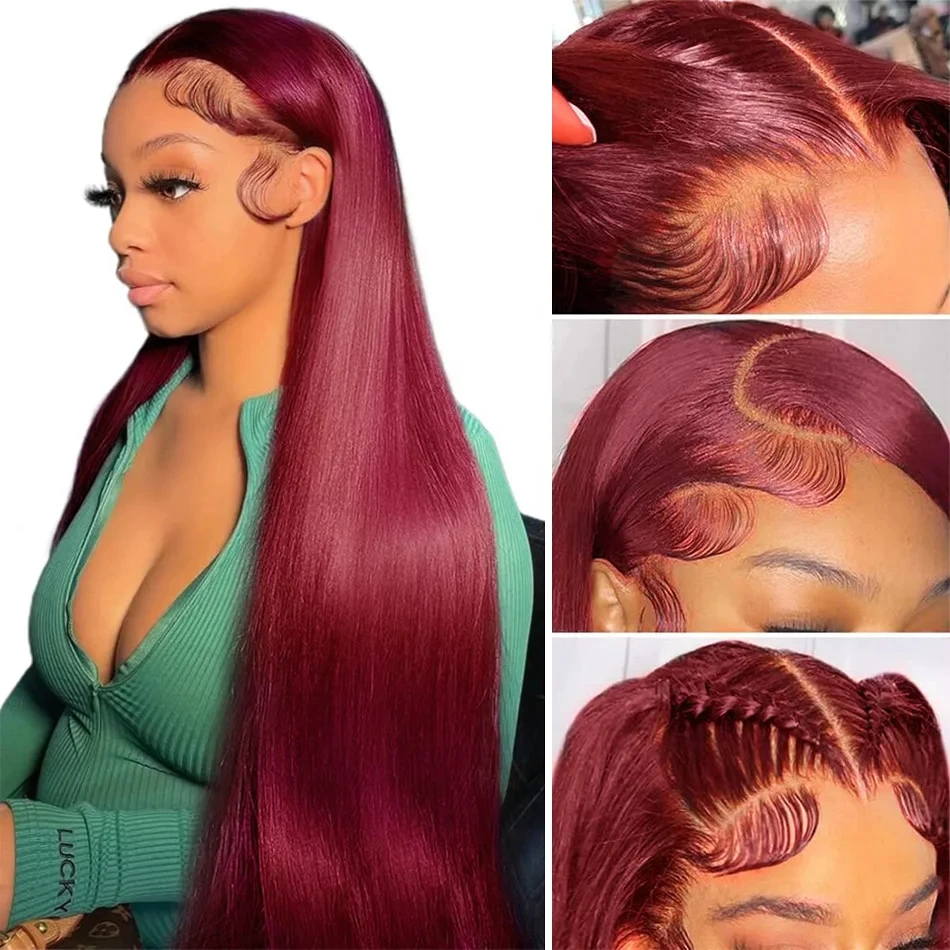 99j بورجوندي الدانتيل الجبهة باروكة من شعر طبيعي 36 بوصة 13x6 مستقيم الدانتيل الباروكات الأمامية HD الدانتيل الشفاف الملونة شعر مستعار أحمر للنساء