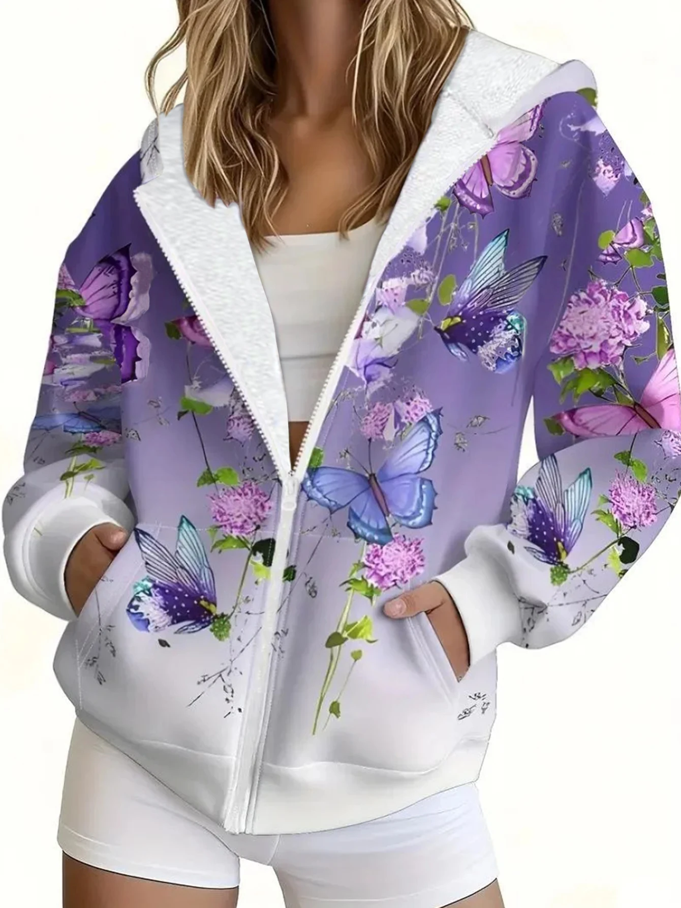 Plus Size Women Zip Up Hooded Sweatshirt, Long Sleeve Loose Hoodie Jacket, Casual Fall Outerwear Coat With Pockets