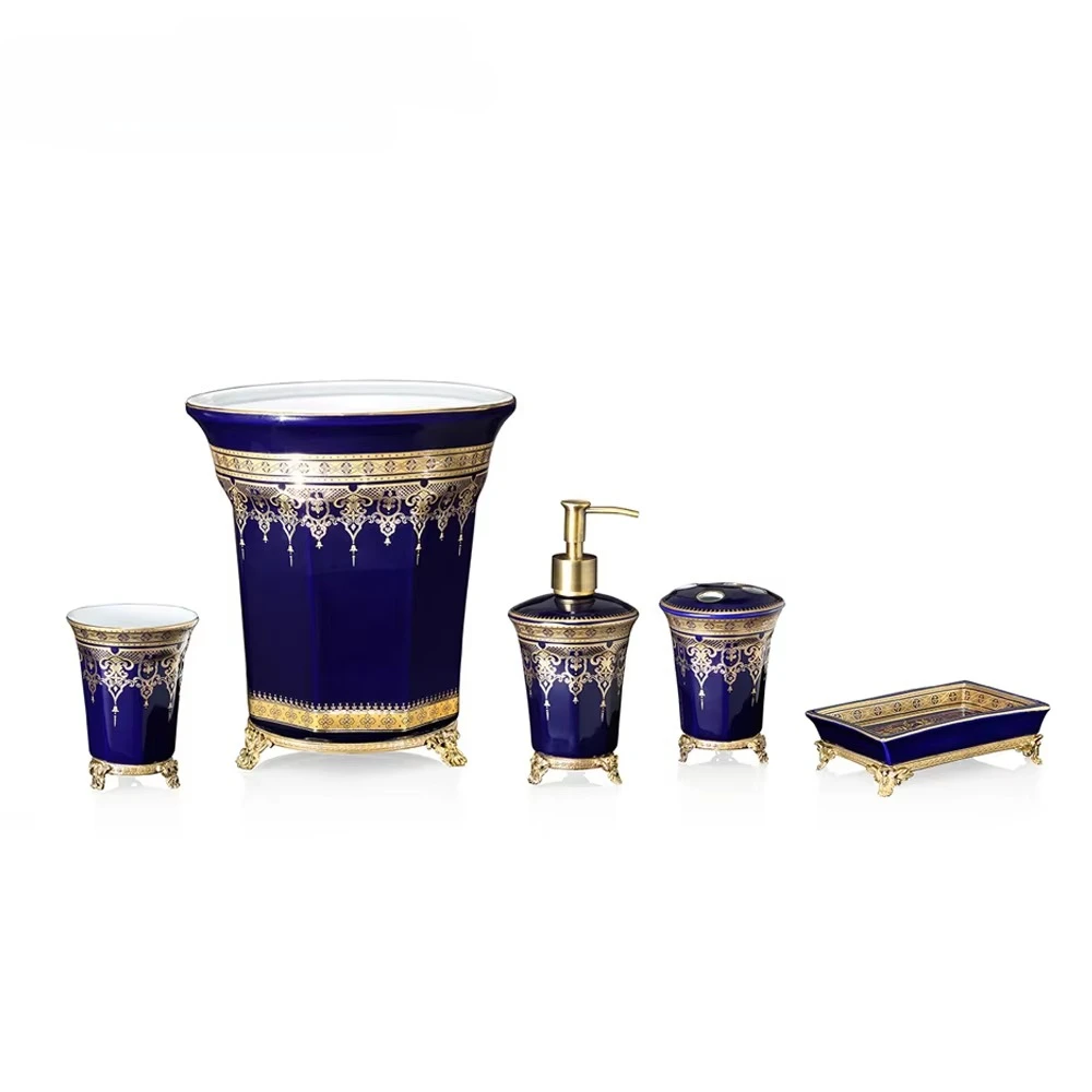 European dark blue porcelain bathroom set, mouthwash cup, toothbrush holder, soap dish five-piece set, bathroom set.