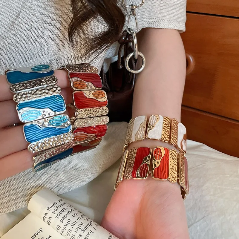 

Minar Hot Sale Contrast Color Enamel Printed Splice Square Geometric Elastic Chunky Bangles for Women Gold Silver Metal Bracelet