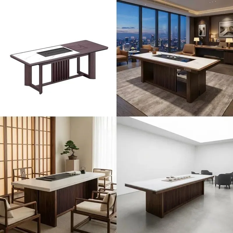 Luxury Solid Wood Office Reception Coffee Table with Sintered Stone Top and Integrated Tea Tray for Administrative Area