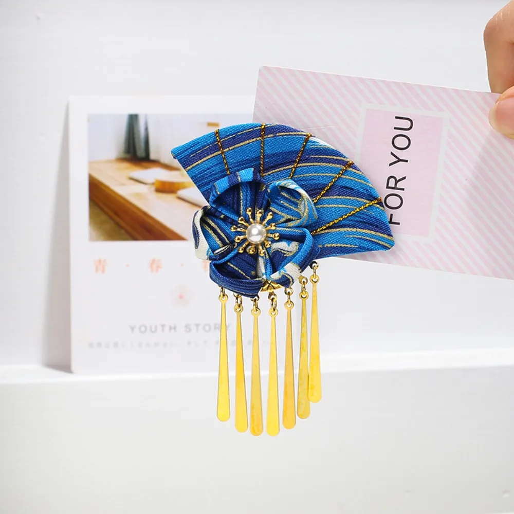 

Elegant Kimono Hair Clip Metal Tassel Sakura Flower Fan Shape Hairpin Traditional Cloth Faux Pearl Decor Hair Clip
