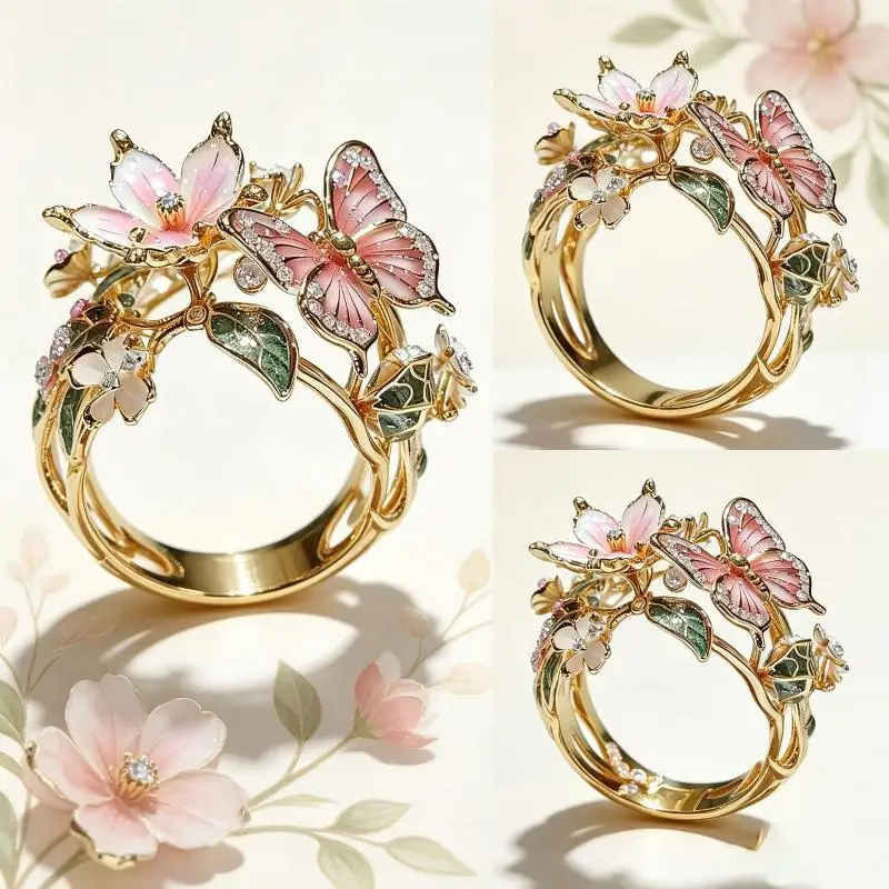 Gold Plated Enamel Ring Pink Butterfly Design Sparkling Crystal Accents Womens Daily Wear Party Gift