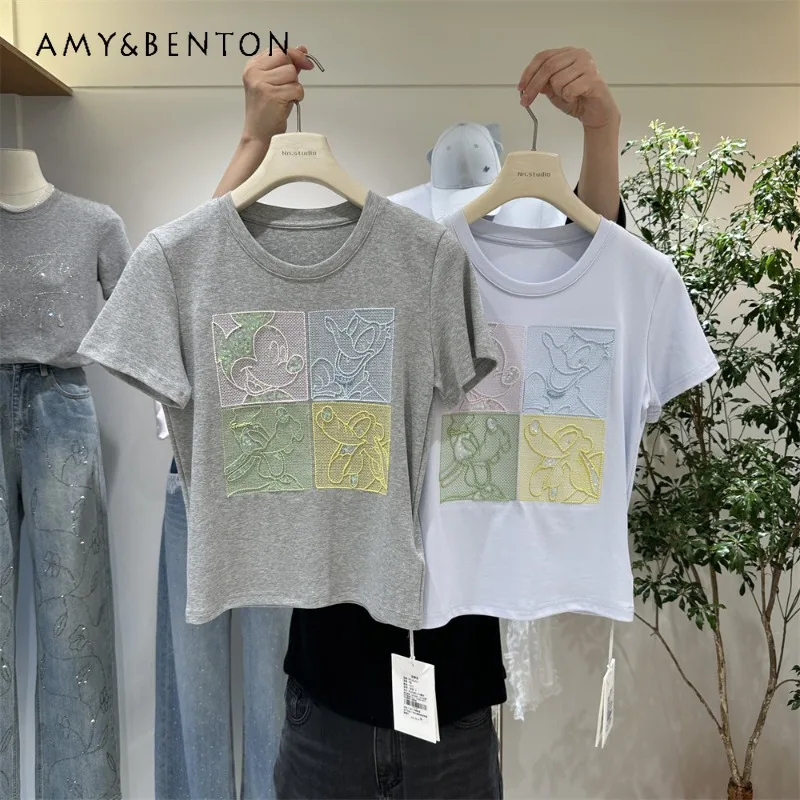 

Pure Cotton Slim-fit Short Top T-shirt New Summer Heavy Industry Mesh Color-blocking Cartoon Design Short-sleeved Tshirts Female