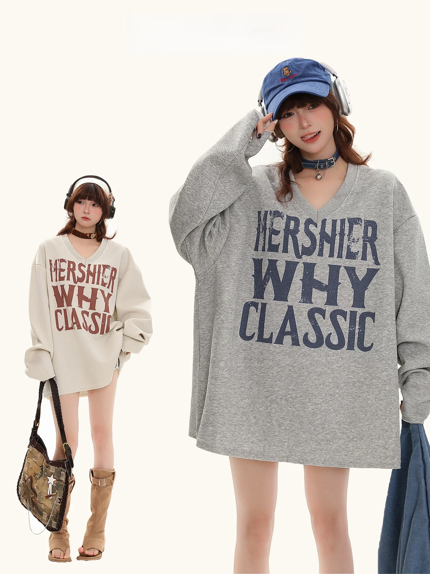 

Длинный свитшот V-Ne с буквенным принтом в стиле ретро, свободный топ Lazy Sle, модная женская модная осенняя одежда