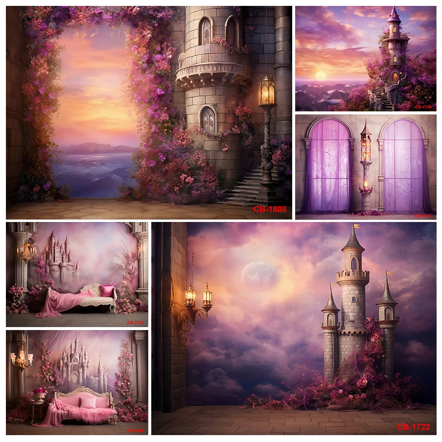 Photography Background Purple Bed Candel Castle Floral Princess Girl Birthday Cake Smash Portrait Decor Backdrop Photo Studio