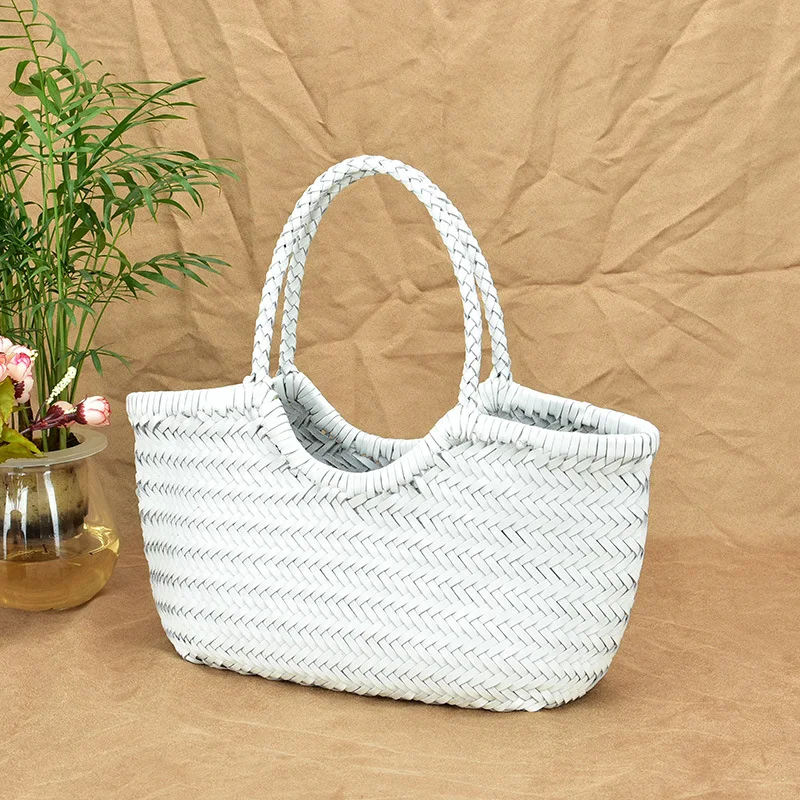 Top Layer Cow Woven Bag Genuine Leather French Vegetable Basket Bag Fashion Vegetable Basket Shoulder Bag Large Capacity