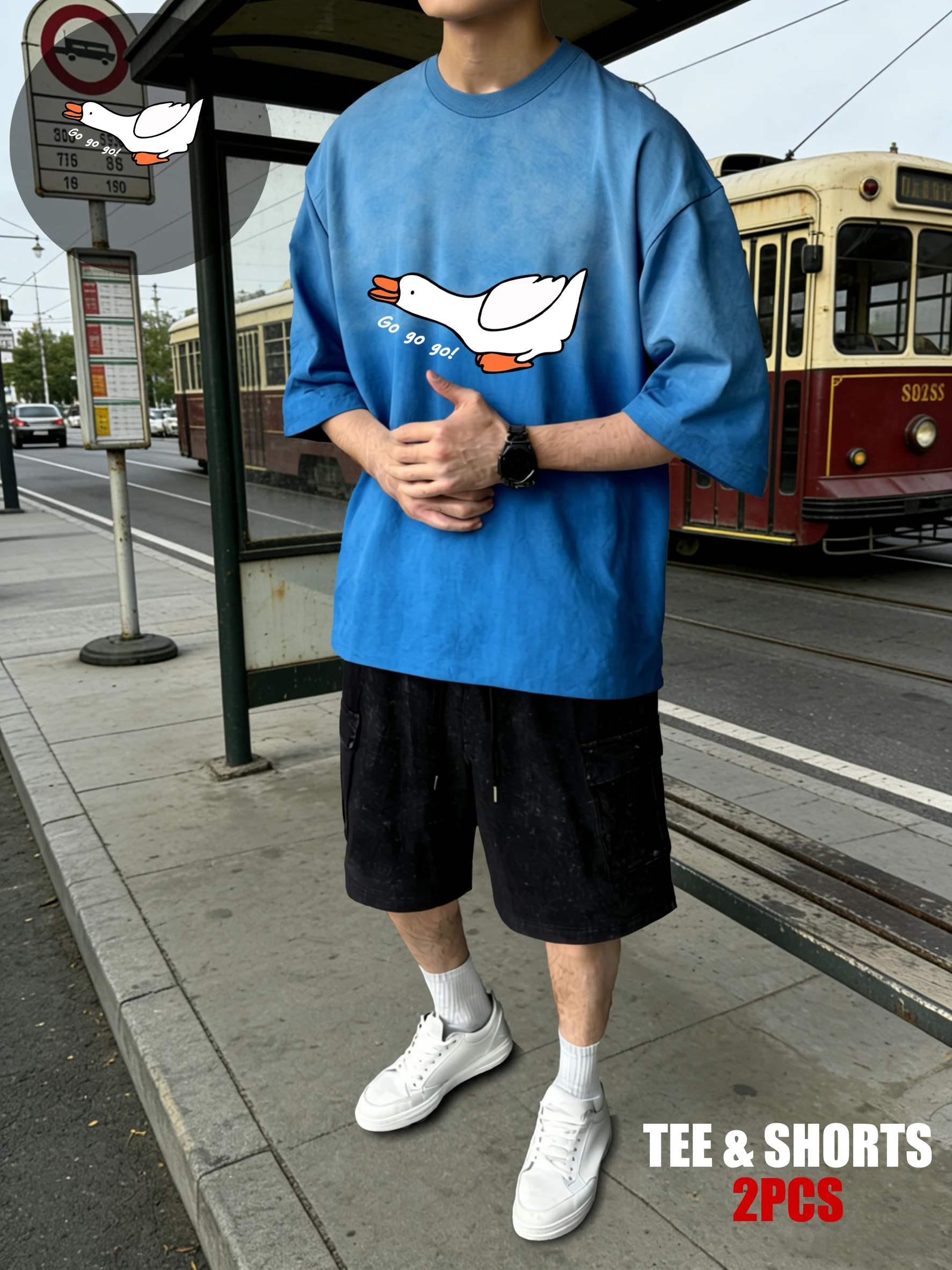 

Футболка Goose Charge Forward Man с принтом Tie-Dye, комплект с шортами, летний, удобный, хлопковый, унисекс, свободный крой, модная одежда