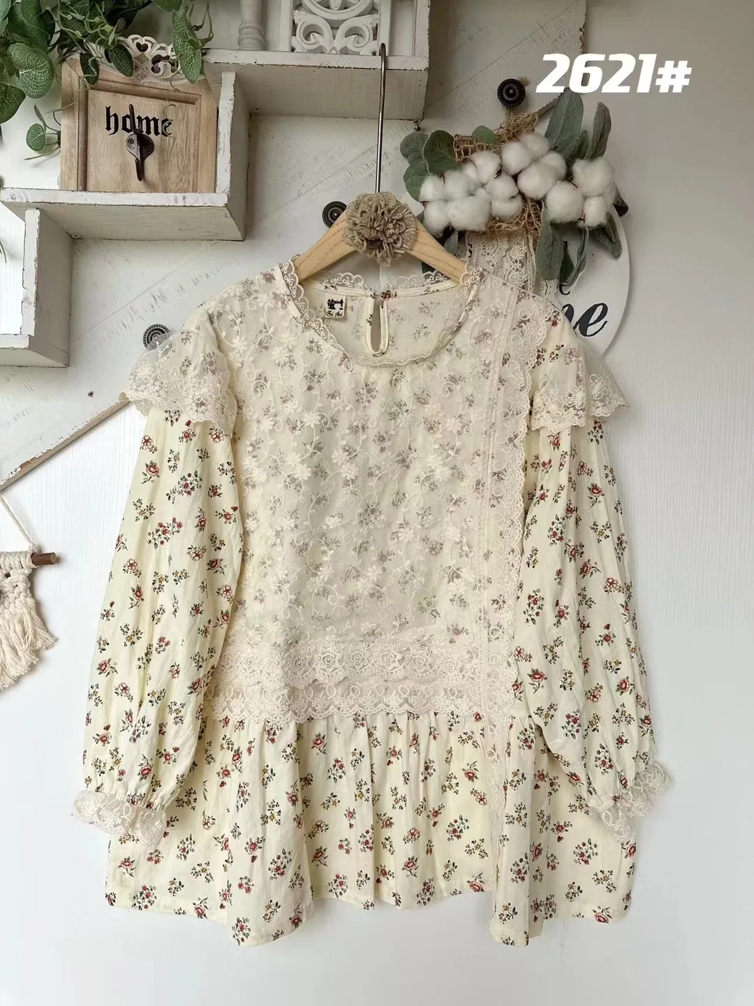 Blusa Holgada de Algodón con Encaje Floral y Parches, Estilo Coreano, para Primavera/Verano