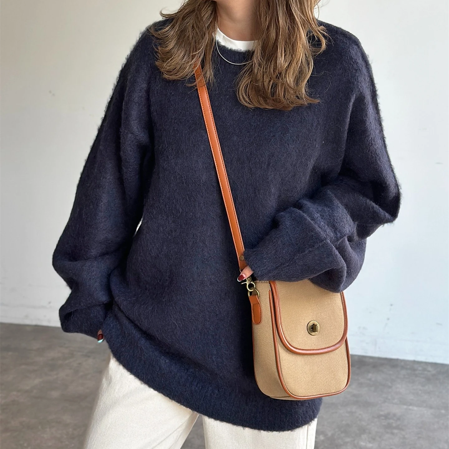 

Свободный крой круглый пуловер для женщин, осень-зима, новый Sle, удобный теплый термотрикотаж, повседневный свитер для поездок на работу