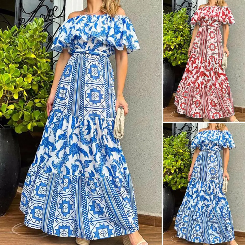 

Ruffle Decor Elastic Collar High-Waist Stitching Slim Maxi Dress Vintage Pattern Off Shoulder Lady Bohemia Long Dress Streetwear