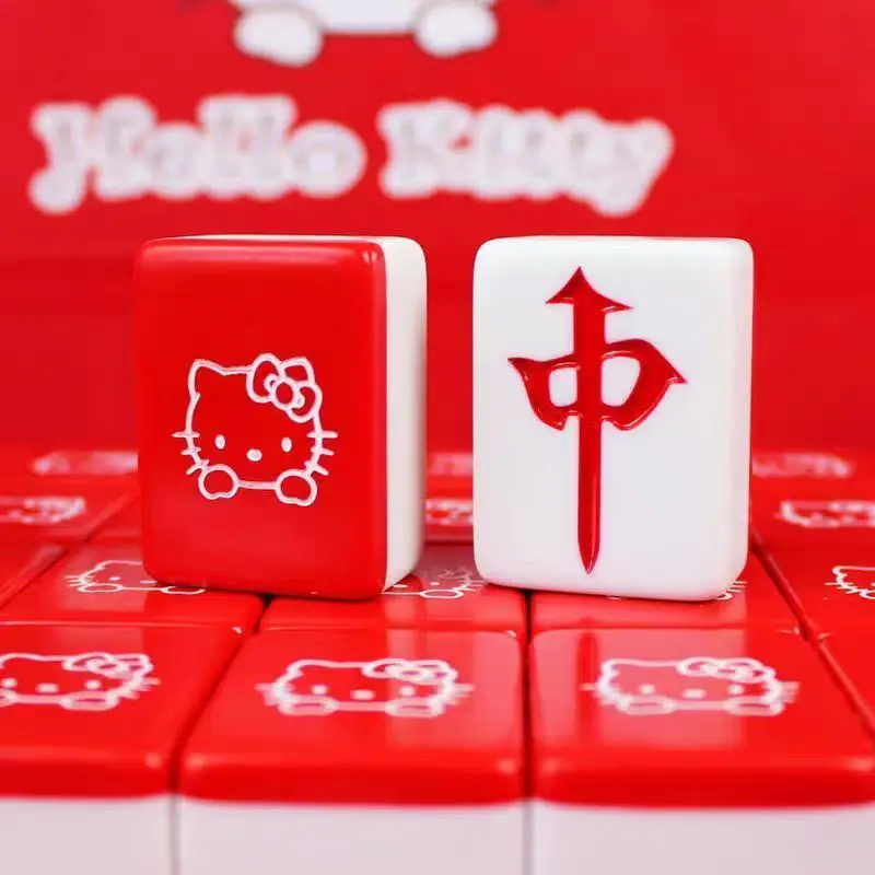 Kawaii sanrio anime olá kitty mini mahjong jogo conjunto entretenimento jogando cartas portátil vermelho mahjong jogo menino menina brinquedos presentes