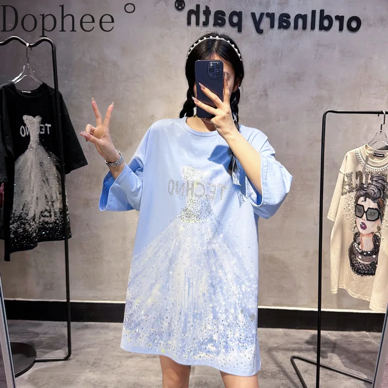 High Quality Wedding Dress Hot Drilling Mid-long T-shirt Short Sleeve Oversize Casual Dress All-match Loose O-neck Pullover Top