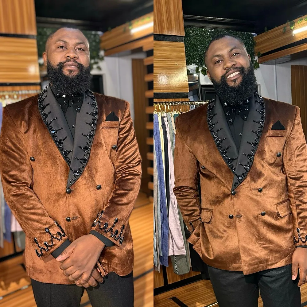 

Vintage Beaded Wedding Suits For Groom Shawl Lapel Double Breasted Tuxedos 2 Pcs Jacket Pants Party Prom Customized