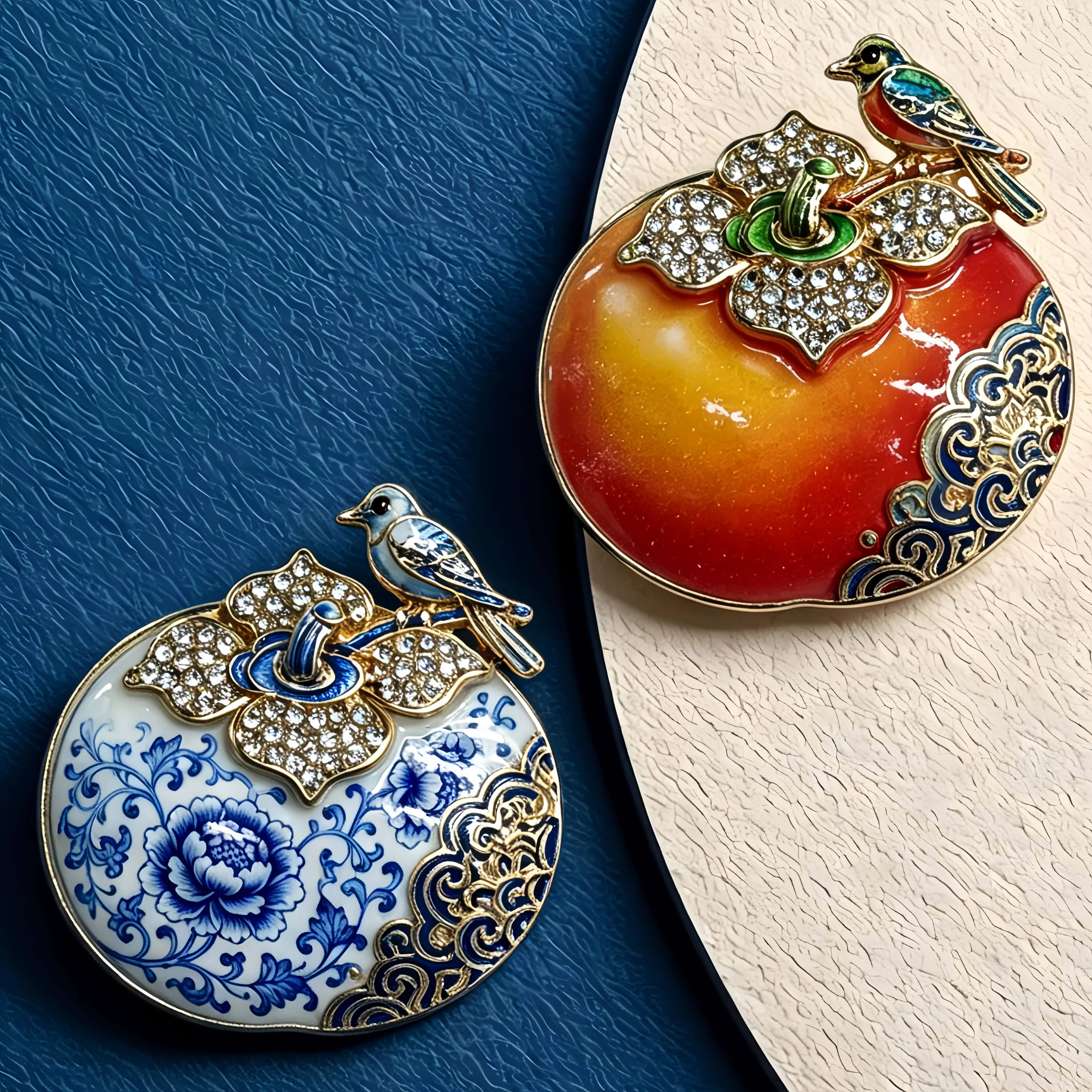 Essh&Pule Chinese Style Persimmon Bird Brooch Enamel Crystal Rhinestone Lapel Pin Suit Scarf Accessory  Fashion Jewelry Gift