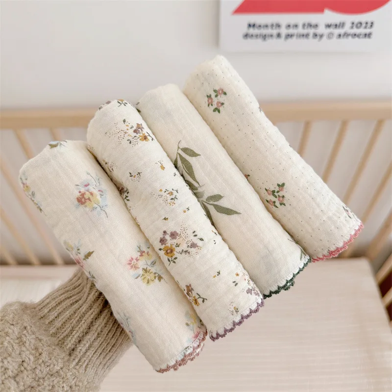 4pcs Cotton Gauze Soft Square Face Towel Washcloth Towel Floral INS Style Baby Bath Girls Children Kids Absorbent Handkerchiefs