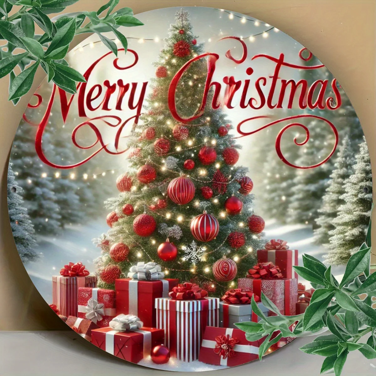 2D Flat, 1pc 2D Flat Printed Vintage Christmas Tree and Winter Wonderland Wooden Sign - Red and Golden Ornate Cursive Font with
