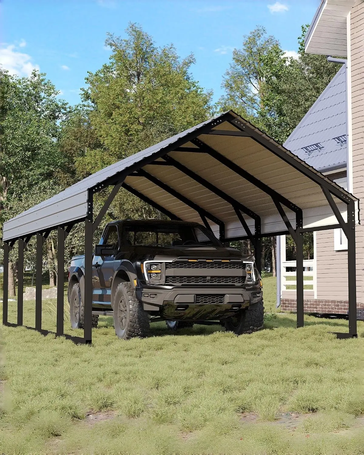 12x20 ft Metal Carport, Reinforced Frame and Steel Roof for All-Weather Use, Permanent Shelter for Bass Boats, Full-Sized Pickup