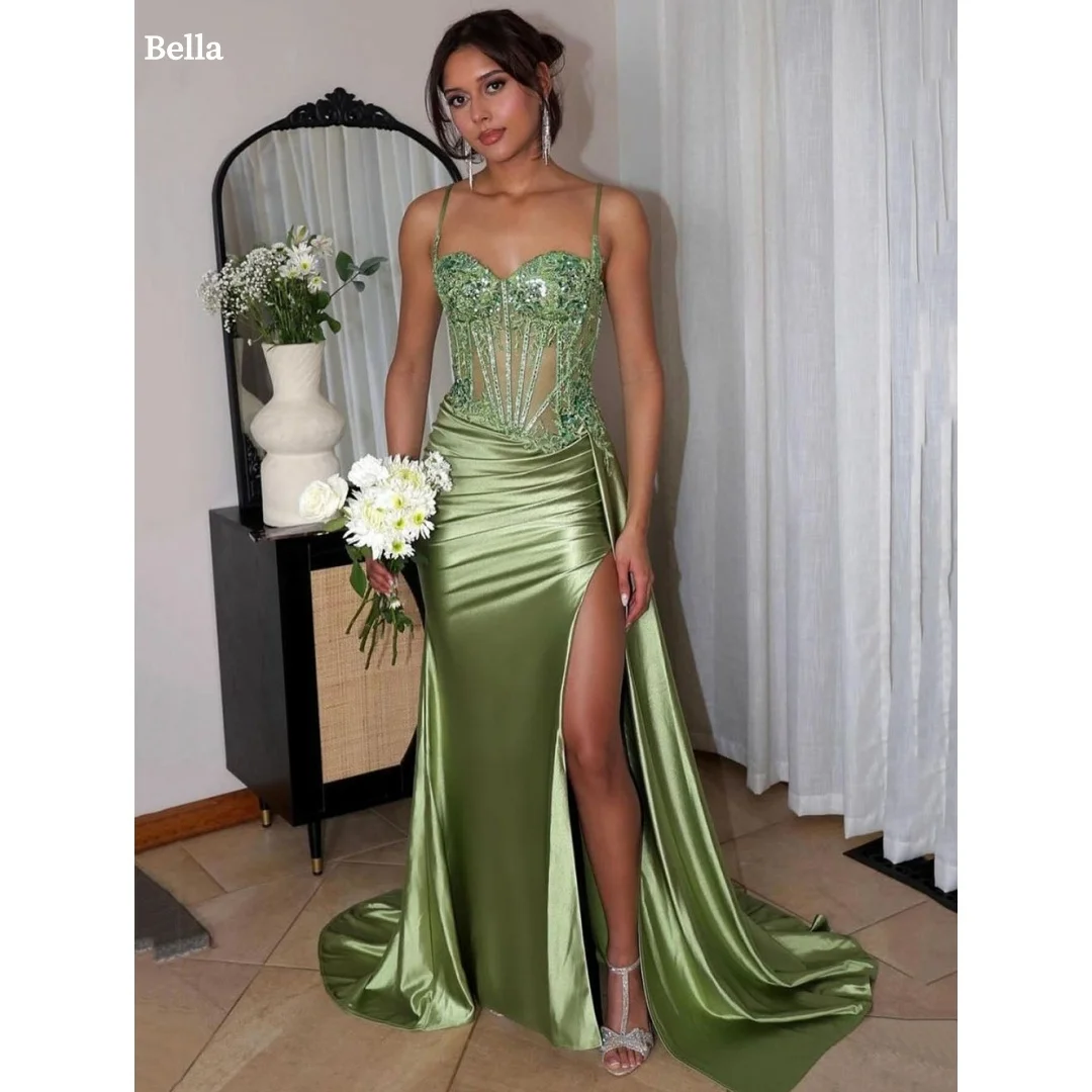 

Bella Customize Spaghetti Strap Side Slit robes de soirée Strapless Prom Dresses Backless Glitter Mermaid Wedding Dress 2025