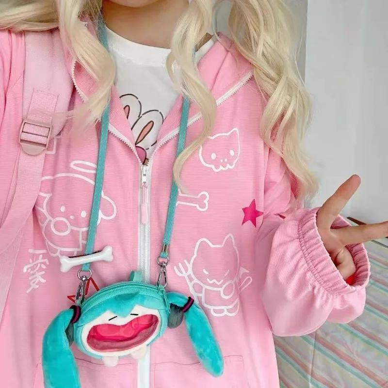 Women Cardigan Jacket Cute Kawaii Prints Zipper Sweatshirt Hooded Coats Pink Sunbreakers Tops Woman Clothing Y2K Streetwear Thin
