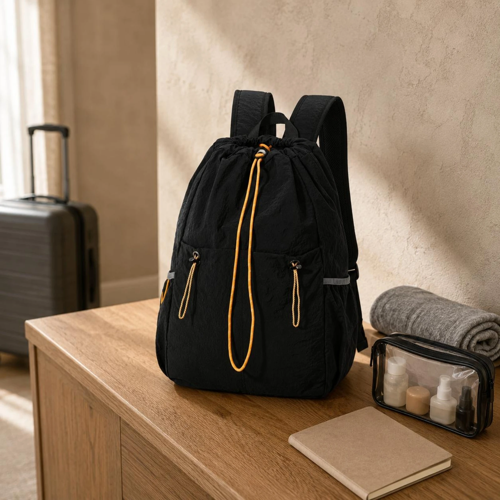 Drawstring Backpack Water-Resistant Cinch-Top Backpack Drawstring Bag Side Pockets Cinch Bag Contrasting Trim