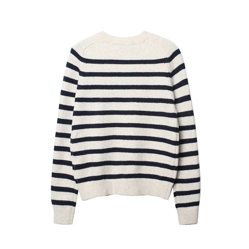 2026 New Women Vintage Striped Knitted Sweater Long Sleeve Round Neck Basic Casual Pullover Spring Autumn Tops