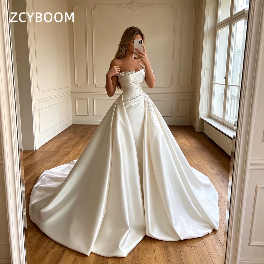 Customized Luxury Pearls A-line Wedding Dress Sweep Train Sleeveless Sweetheart Bridal Gown Strapless Satin Vestido De Noiva
